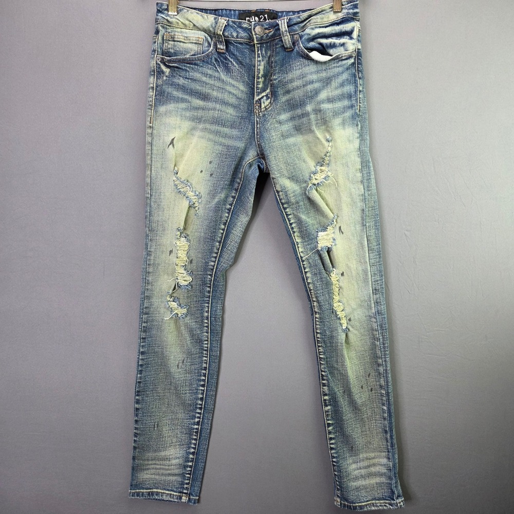 Rue21 Skinny Supreme Flex Jeans 30x32 Blue Distressed Ripped Paint Splatter Slim